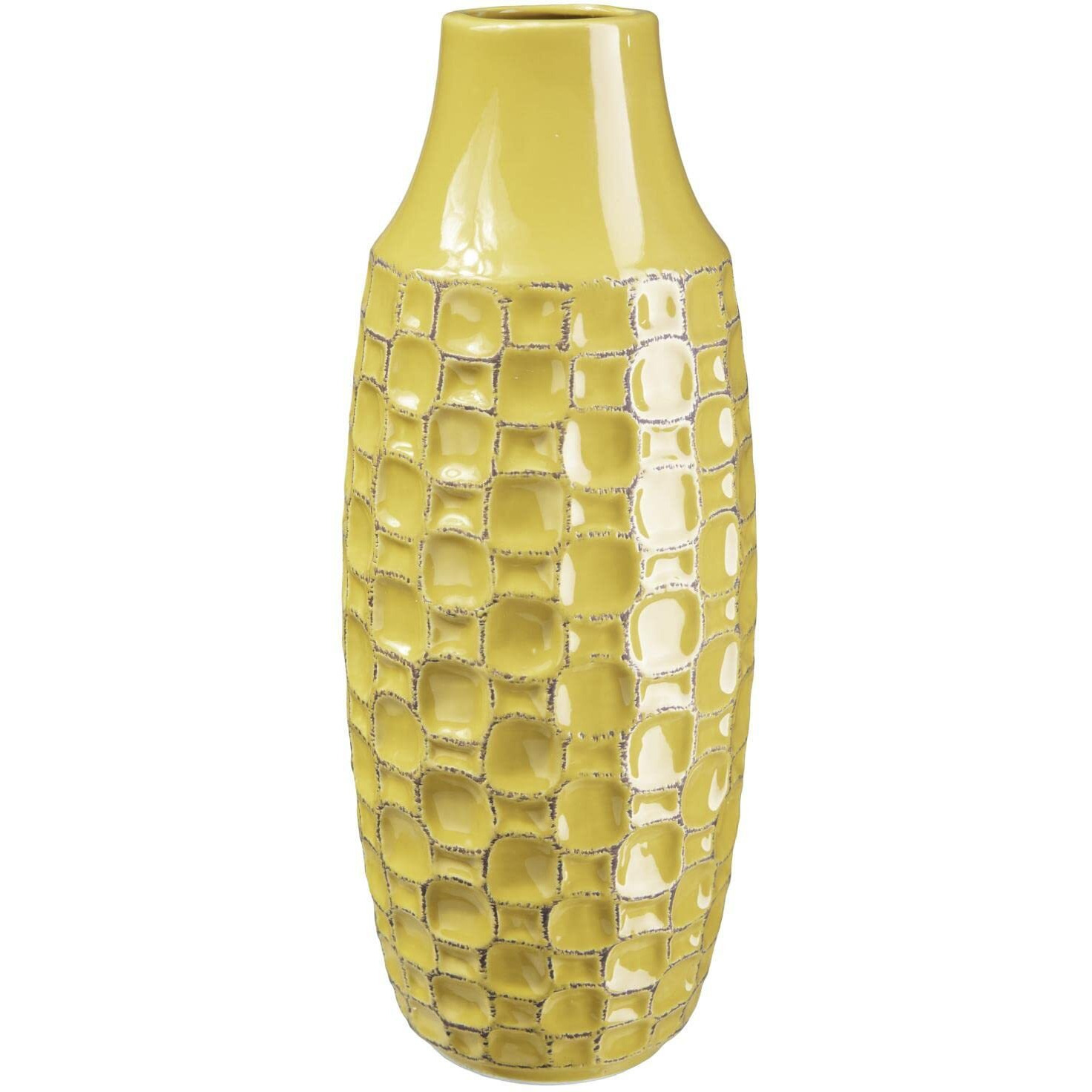 Urban Trends collection 12757 ceramic Tall Round Vase with Engraved Abstract Design Body gloss  Finish Mustard Yellow - Large