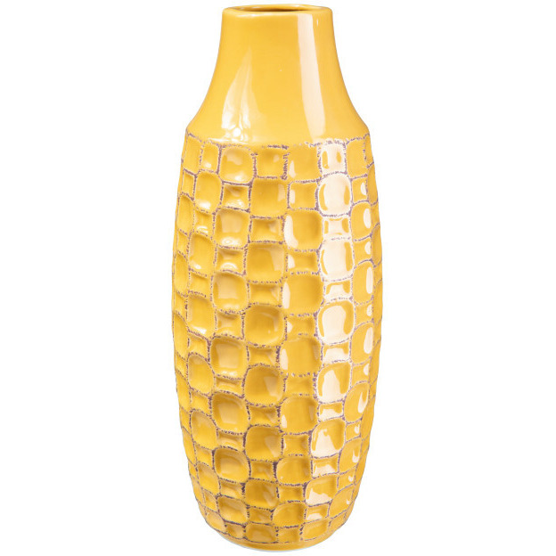 Urban Trends collection 12757 ceramic Tall Round Vase with Engraved Abstract Design Body gloss  Finish Mustard Yellow - Large