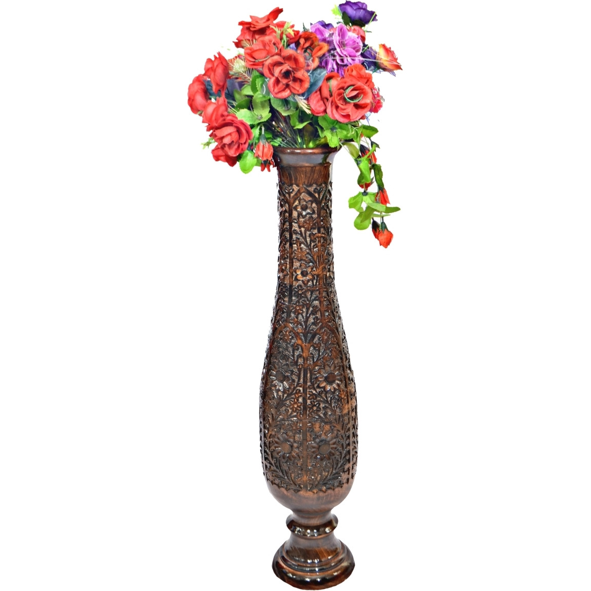 Uniquewise QI004012 8 x 36 in Round Antique Decorative Mango Wood Design Floor Flower Vase with Unique Textured Pattern  Brown