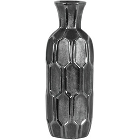 Small ceramic Round Vase with Short Neck & Embossed Hexagonal Design Body&44 Silver