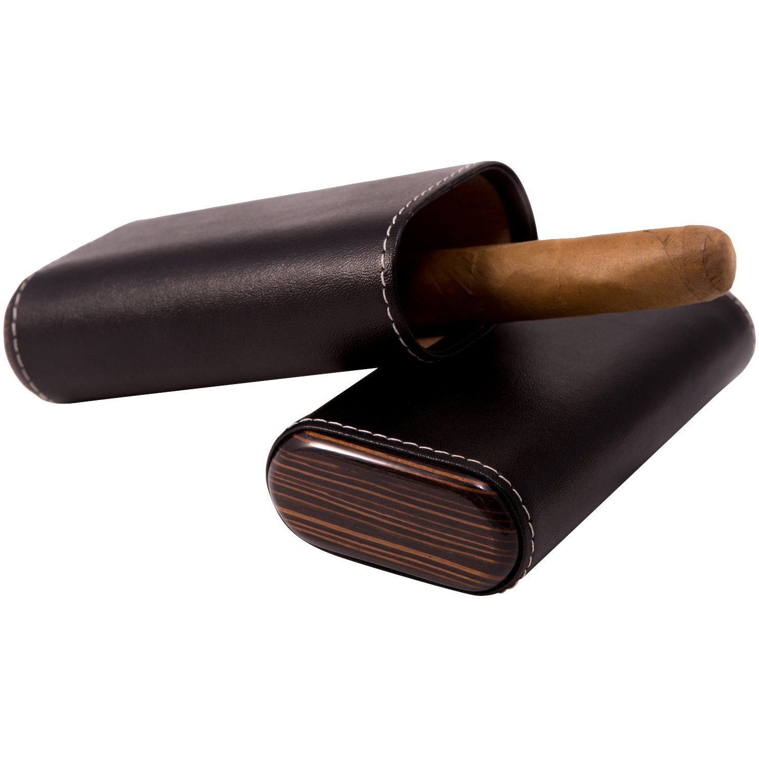 Bey-Berk International c254B Black Leather with Ebony Wood & cedar Lined Telescoping Three cigar Holder