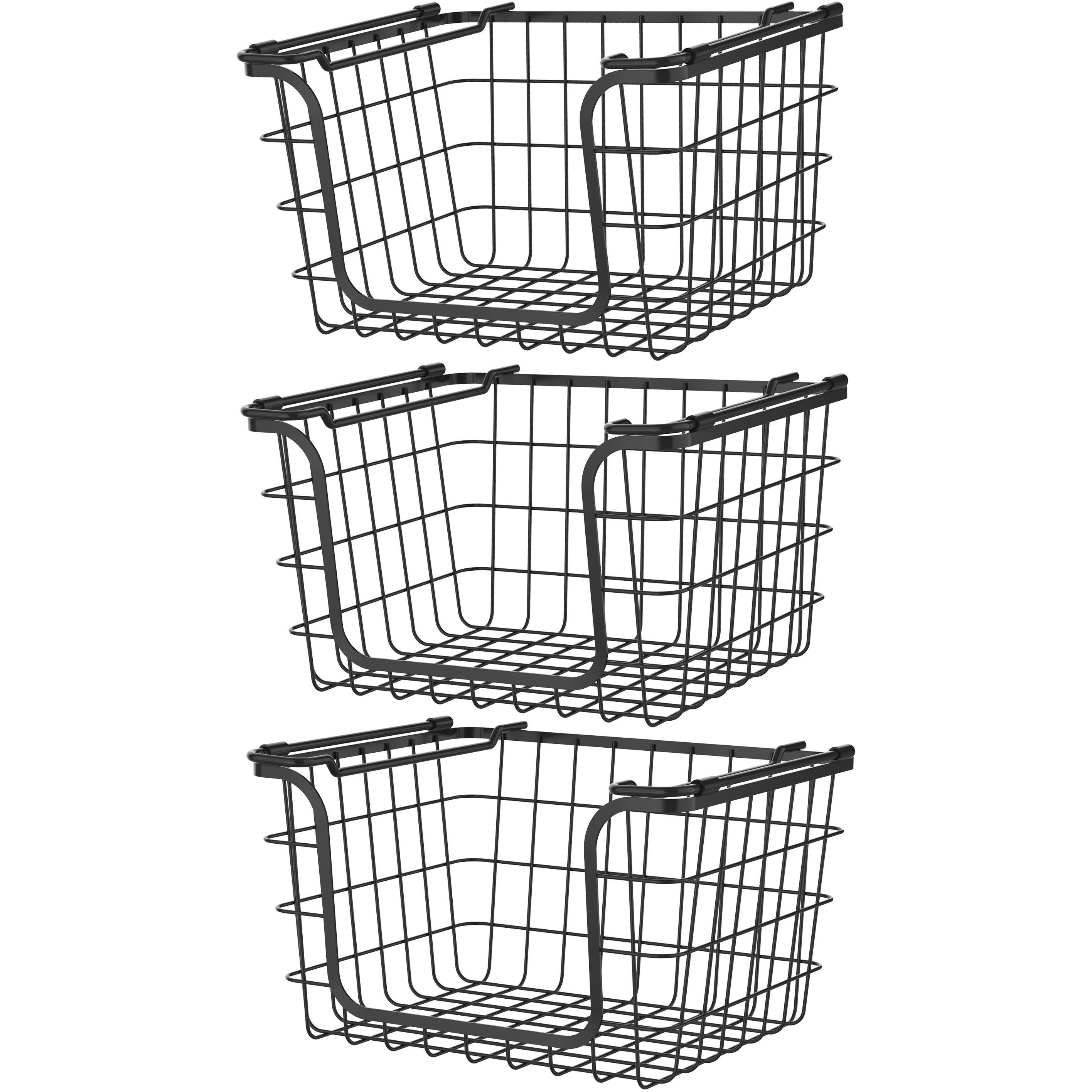 Oceanstar Stackable Metal Wire Storage Basket Set for Pantry, countertop, Kitchen or Bathroom Black, Set of 3(D0102HXN18X)