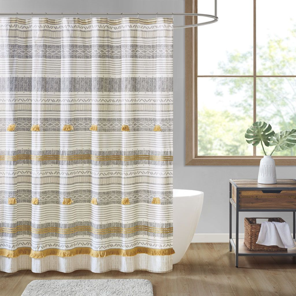 cody cotton Stripe Printed Shower curtain with Tassel(D0102HR72V6)