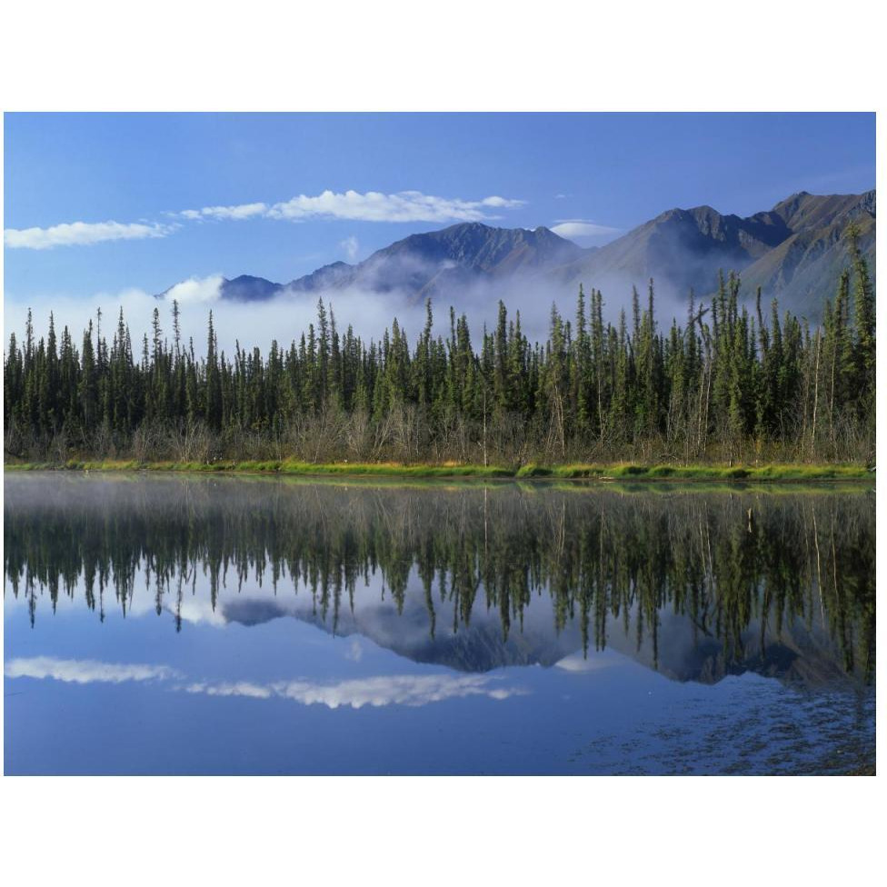 Lake reflecting mountain range and forest, Kluane National Park, Yukon, Canada-Paper Art-50&quotx38"