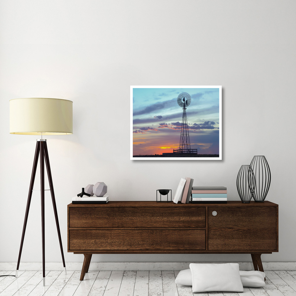 Windmill producing electricity at sunset example of renewable energy, North America-Paper Art-37&quotx30"