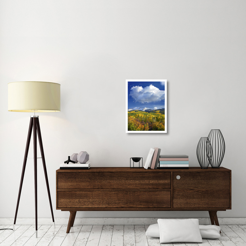 East Beckwith Mountain flanked by fall colored Aspen forests under cumulus clouds, Colorado-Paper Art-20&quotx26"