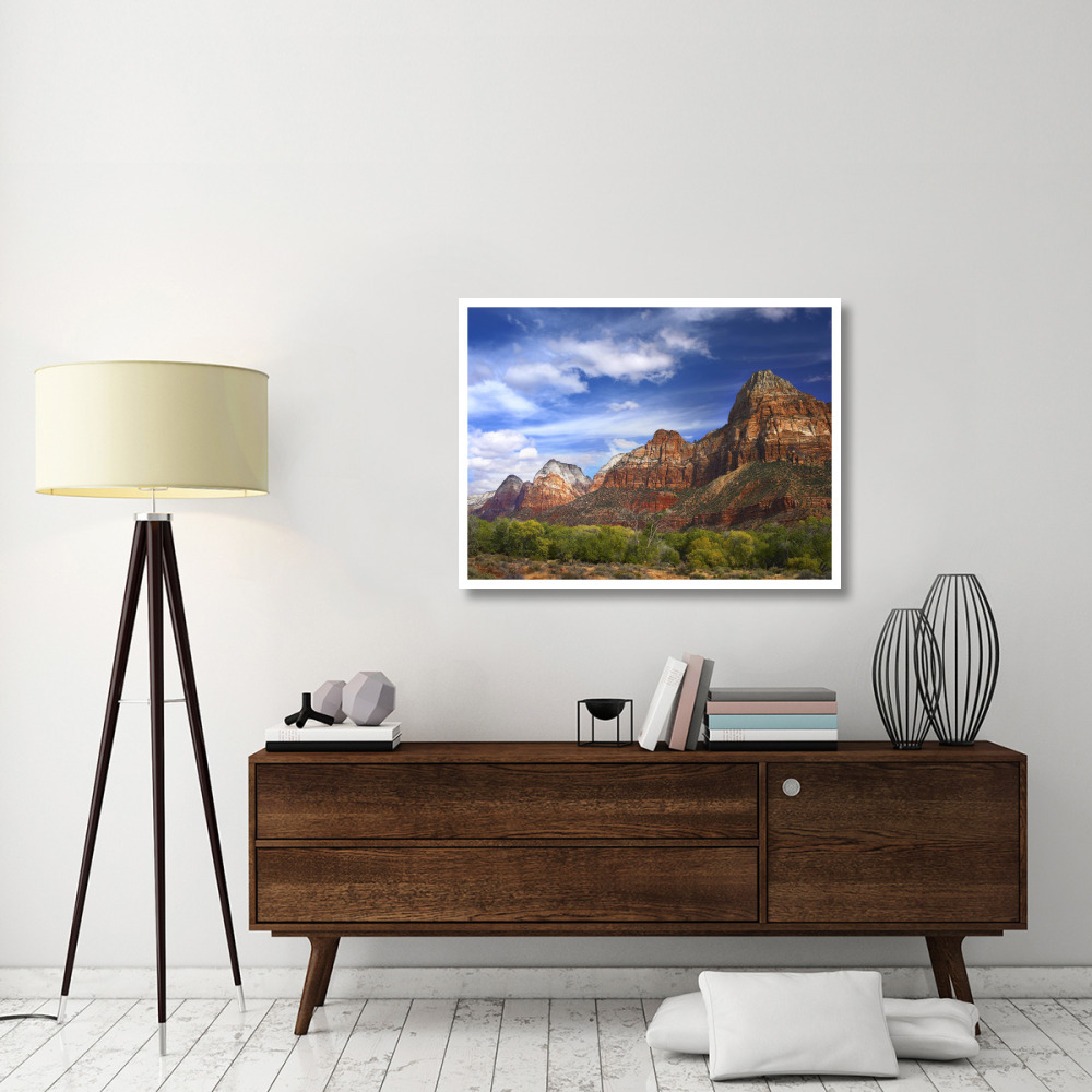 The Watchman, outcropping near south entrance of Zion National Park, cottonwoods in foreground, Utah-Paper Art-42&quotx32"