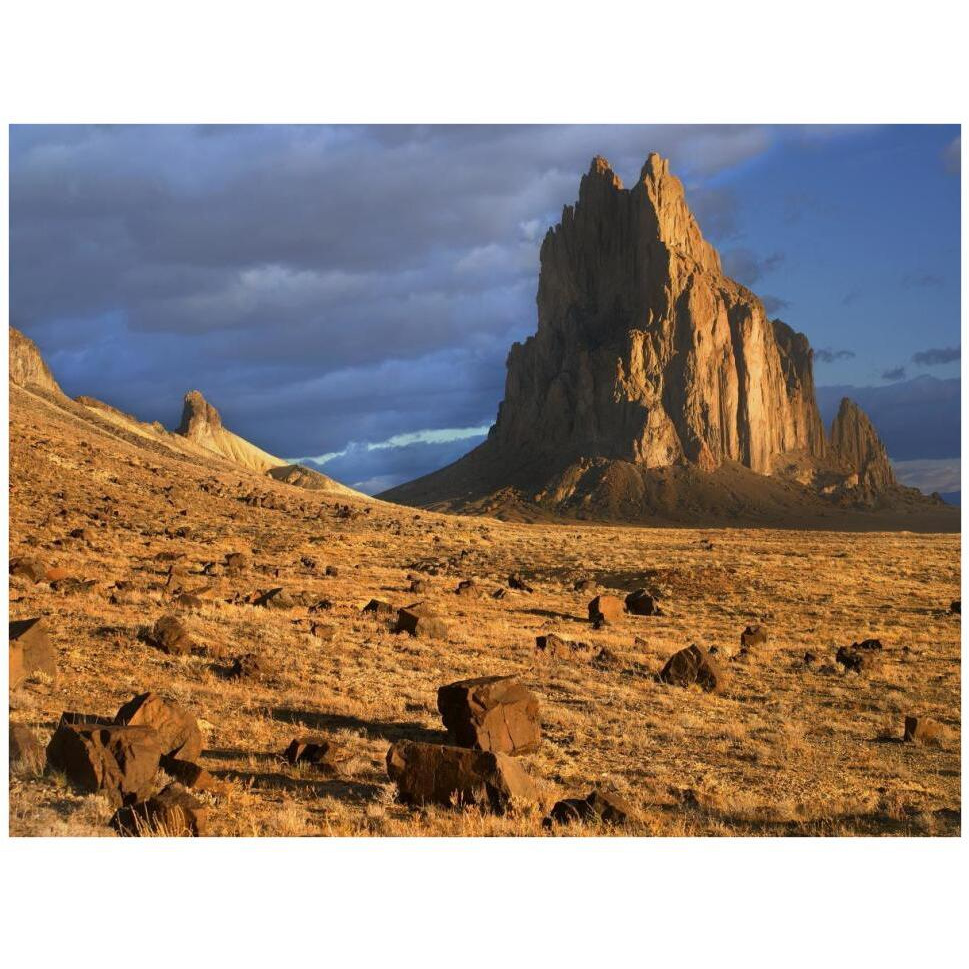 Shiprock, the basalt core of an extinct volcano, tuff-breccia ejected boulders in foreground, New Mexico-Paper Art-42&quotx32"