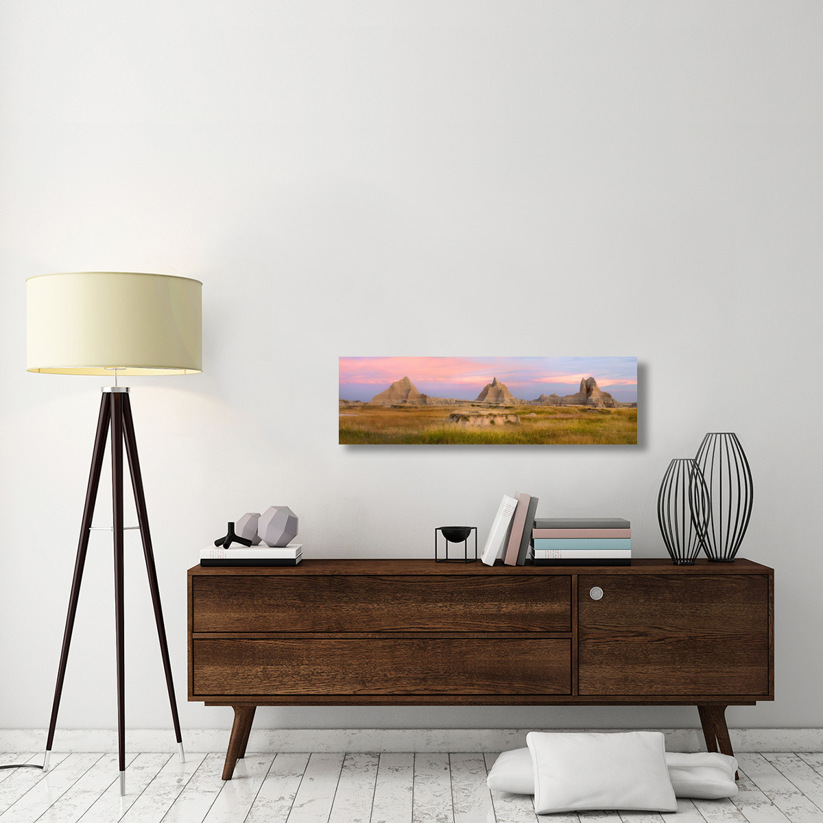 Landscape showing erosional features in sandstone amid grassland, Badlands National Park, South Dakota-Canvas Art-44&quotx12.76"