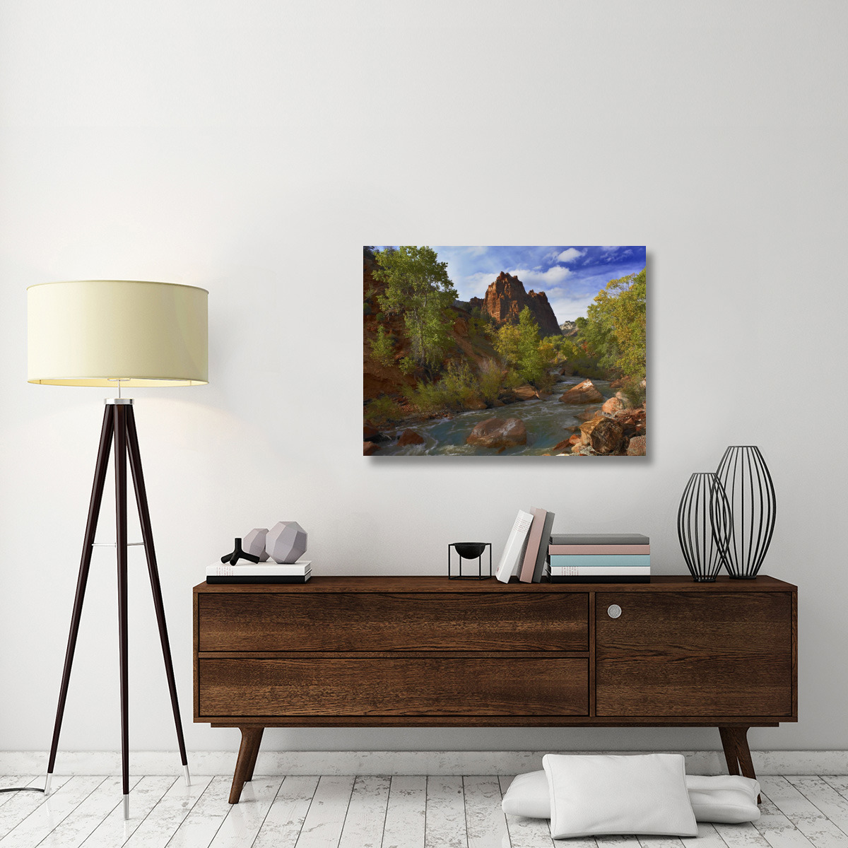 Mt Spry at 5,823 foot elevation with the Virgin River surrounded by Cottonwood trees, Zion National Park, Utah-Canvas Art-40&quotx30"