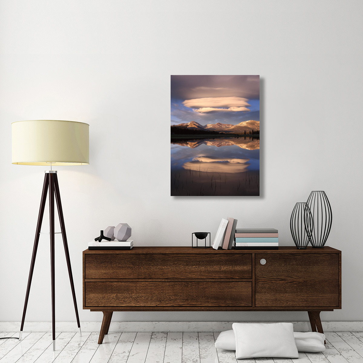 Lenticular clouds over Mt Dana, Mt Gibbs and Mammoth Peak reflected in flooded Tuolumne Meadows, Yosemite National Park, California-Canvas Art-30&quotx40"