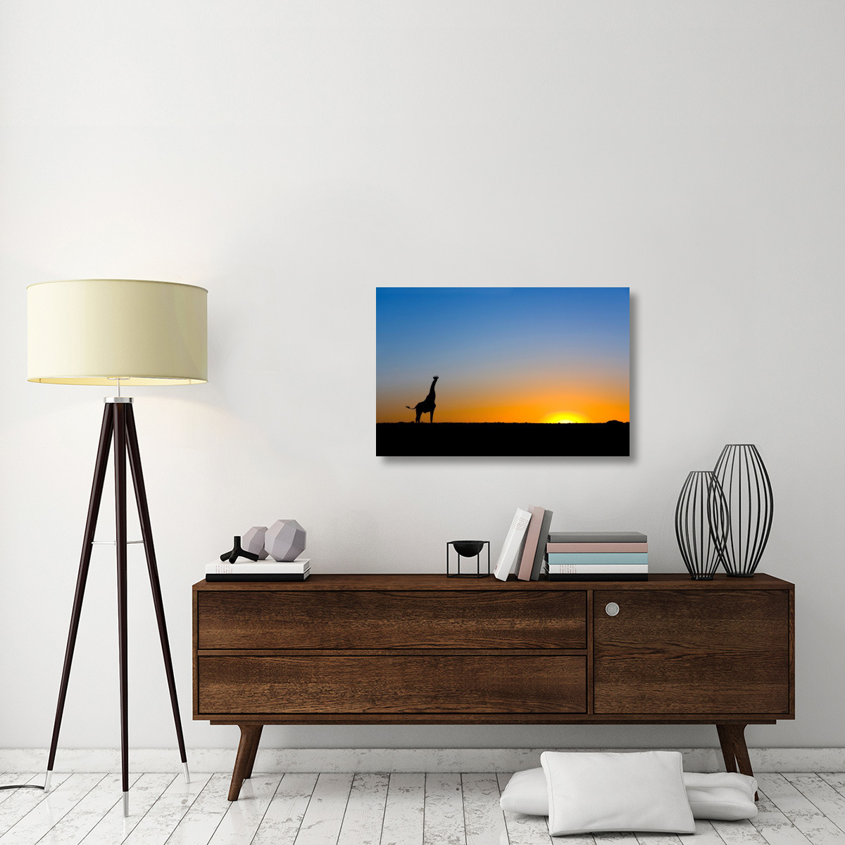 Giraffe silhouetted against the setting sun, Lethiau Valley, Central Kalahari Game Reserve, Botswana-Canvas Art-36&quotx24"