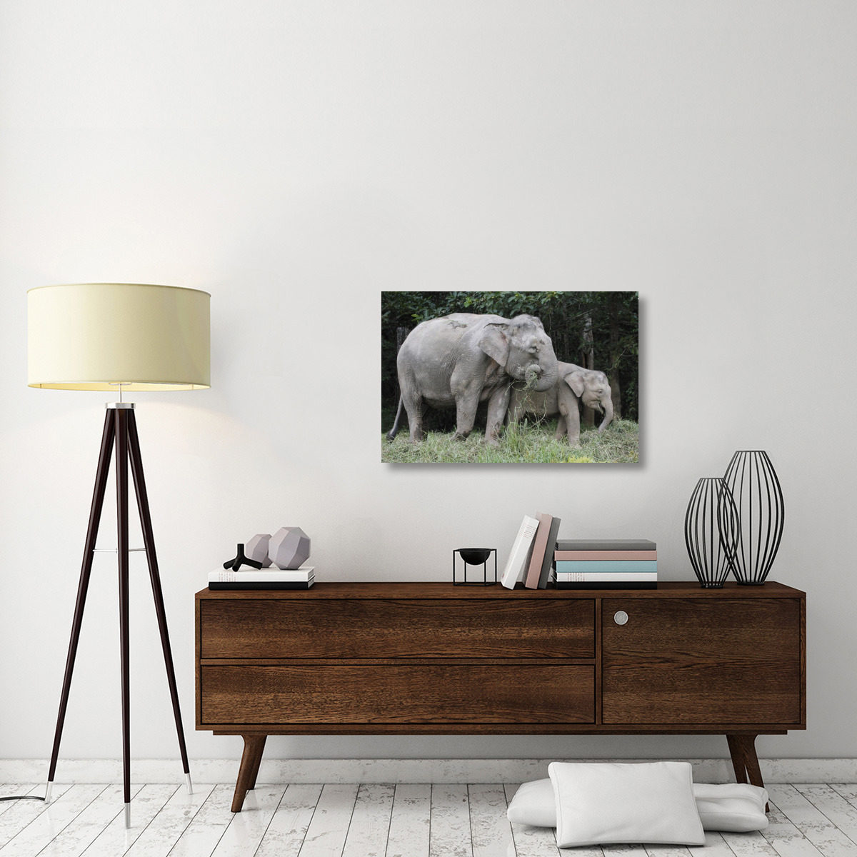 Asian Elephant mother and baby eating grass, Saba, Malaysia-Canvas Art-36&quotx24"