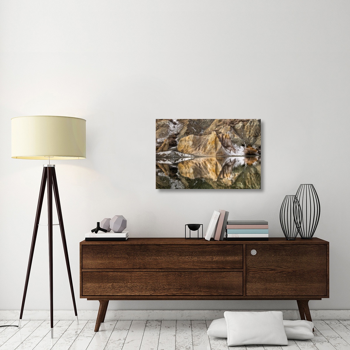 Reflections of clay cliffs in Blue Lake, St. Bathans, central Otago, New Zealand-Canvas Art-36&quotx24"