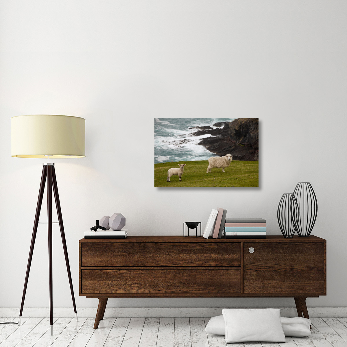 Domestic Sheep and lamb near cliff edge, Stony Bay, Banks Peninsula, Canterbury, New Zealand-Canvas Art-36&quotx24"