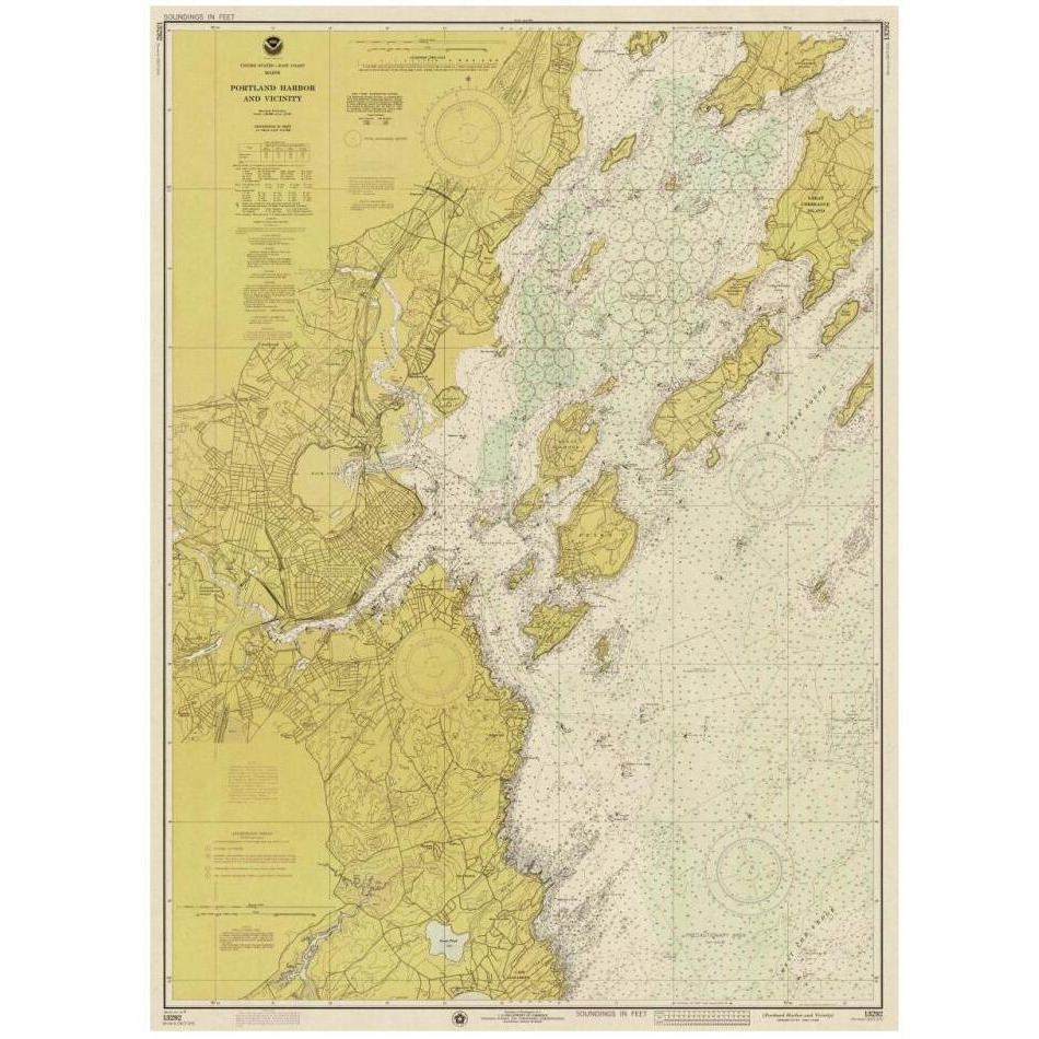 Nautical Chart - Portland Harbor and Vicinity ca. 1974 - Sepia Tinted-Paper Art-24&quotx32"