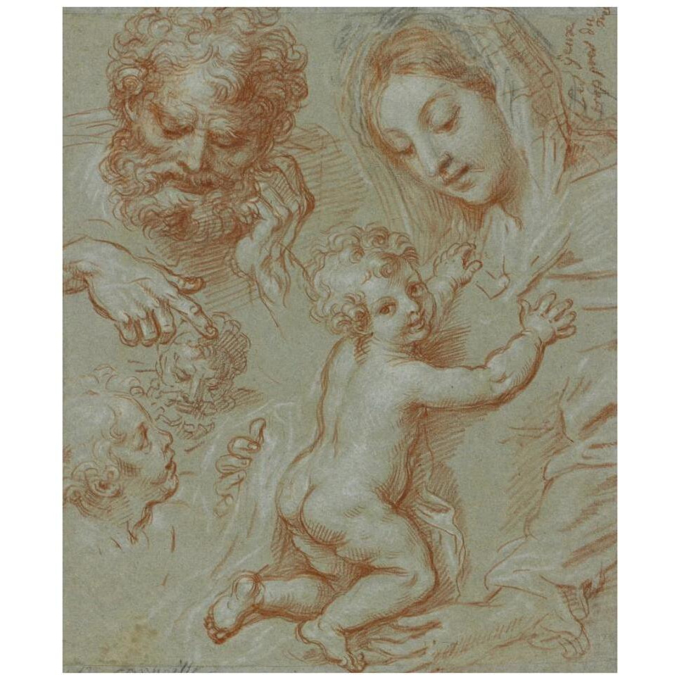 Studies of the Madonna and Child and of Heads (recto) Madonna and Child with Saint John Seated in a Landscape (verso)-Paper Art-32&quotx38"