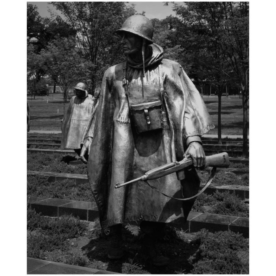 Stainless-steel trooper on &quotpatrol" at the Korean War Veterans Memorial, Washington, D.C. - Black and White Variant-Paper Art-18&quotx22"