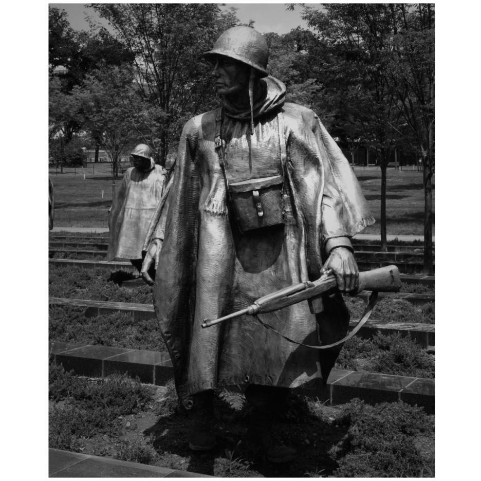 Stainless-steel trooper on &quotpatrol" at the Korean War Veterans Memorial, Washington, D.C. - Black and White Variant-Paper Art-22&quotx26"