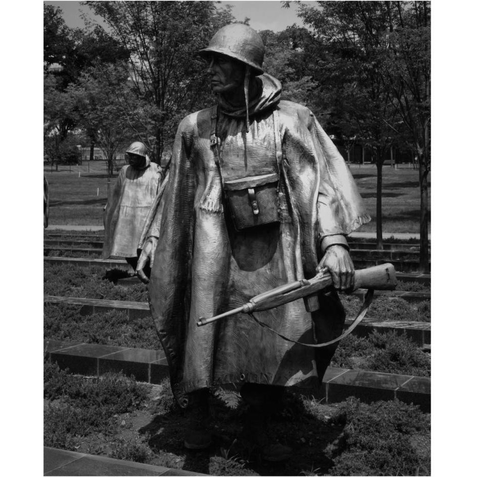 Stainless-steel trooper on &quotpatrol" at the Korean War Veterans Memorial, Washington, D.C. - Black and White Variant-Paper Art-24&quotx30"