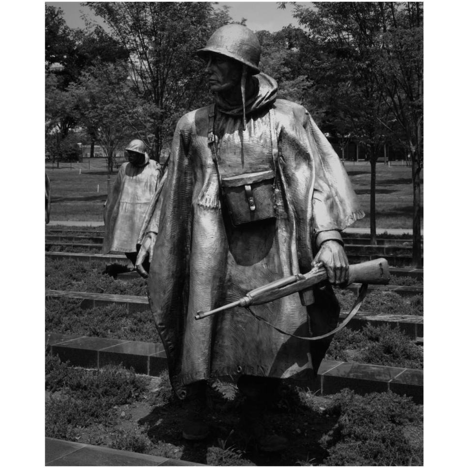 Stainless-steel trooper on &quotpatrol" at the Korean War Veterans Memorial, Washington, D.C. - Black and White Variant-Paper Art-30&quotx37"