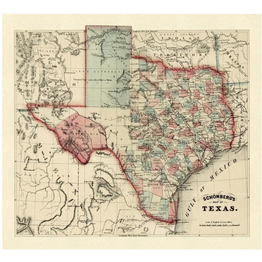 Schonberg's map of Texas, 1866-Paper Art-18&quotx17"