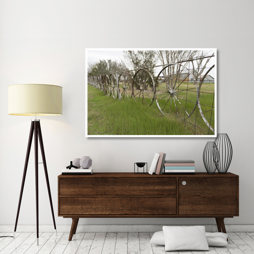 A fence made of wagon wheels near Schulenburg in Fayette County, TX-Paper Art-62&quotx42"