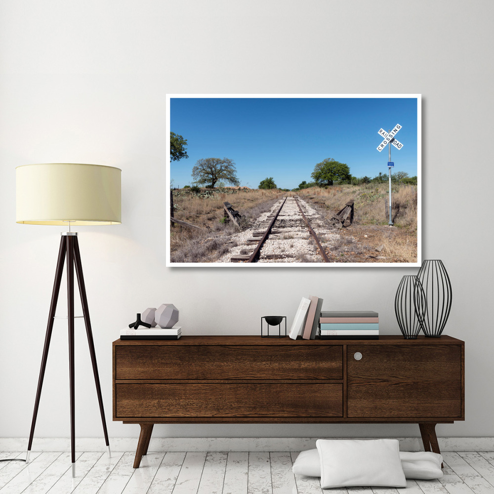 Lonely, little-used stretch of railroad tracks in the Texas Hill Country, near Burnet-Paper Art-62&quotx42"