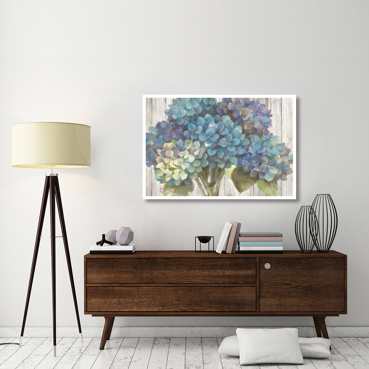 Turquoise Hydrangea on Barn Board -Paper Art-50&quotx34"