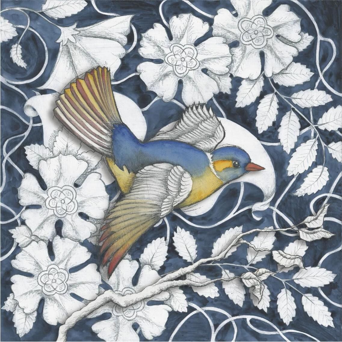 Arts and Crafts Bird Indigo III -Paper Art-38&quotx38"