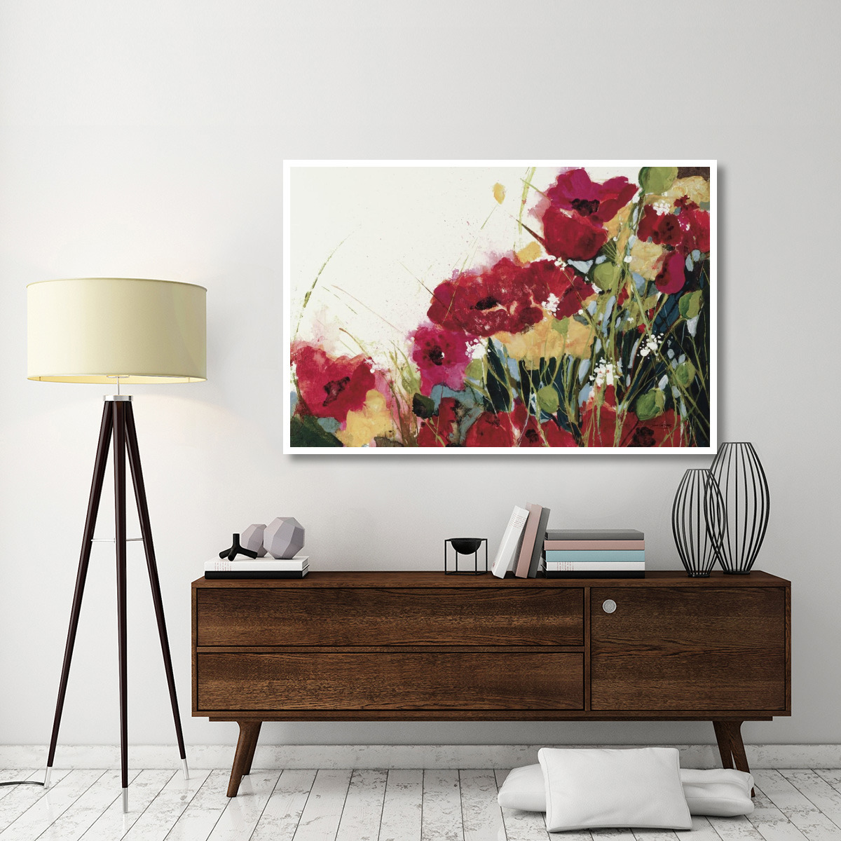 Poppies and Flowers on White -Paper Art-62&quotx42"