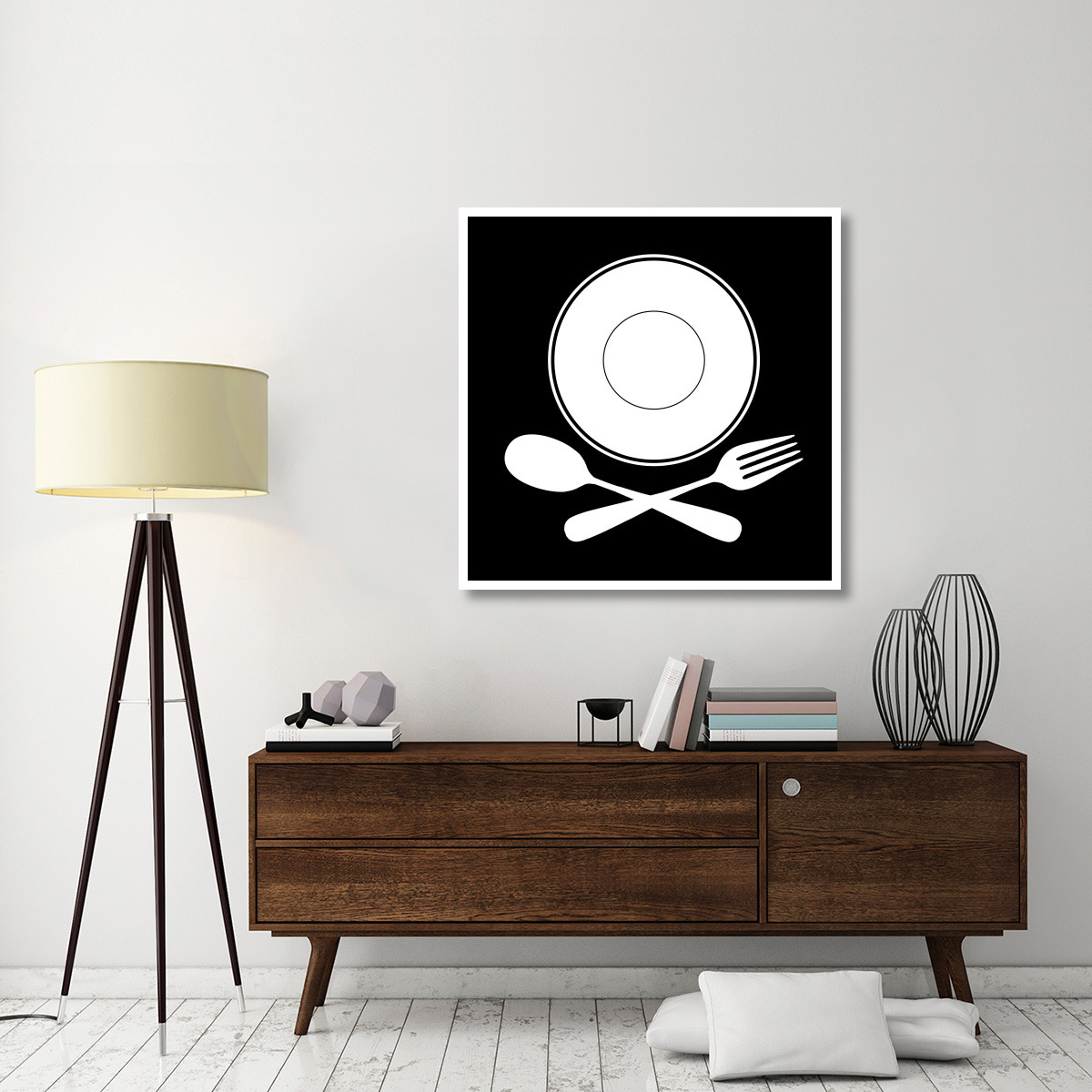 Mealtime White on Black - Plate with Crossed Cutlery -Paper Art-42&quotx42"