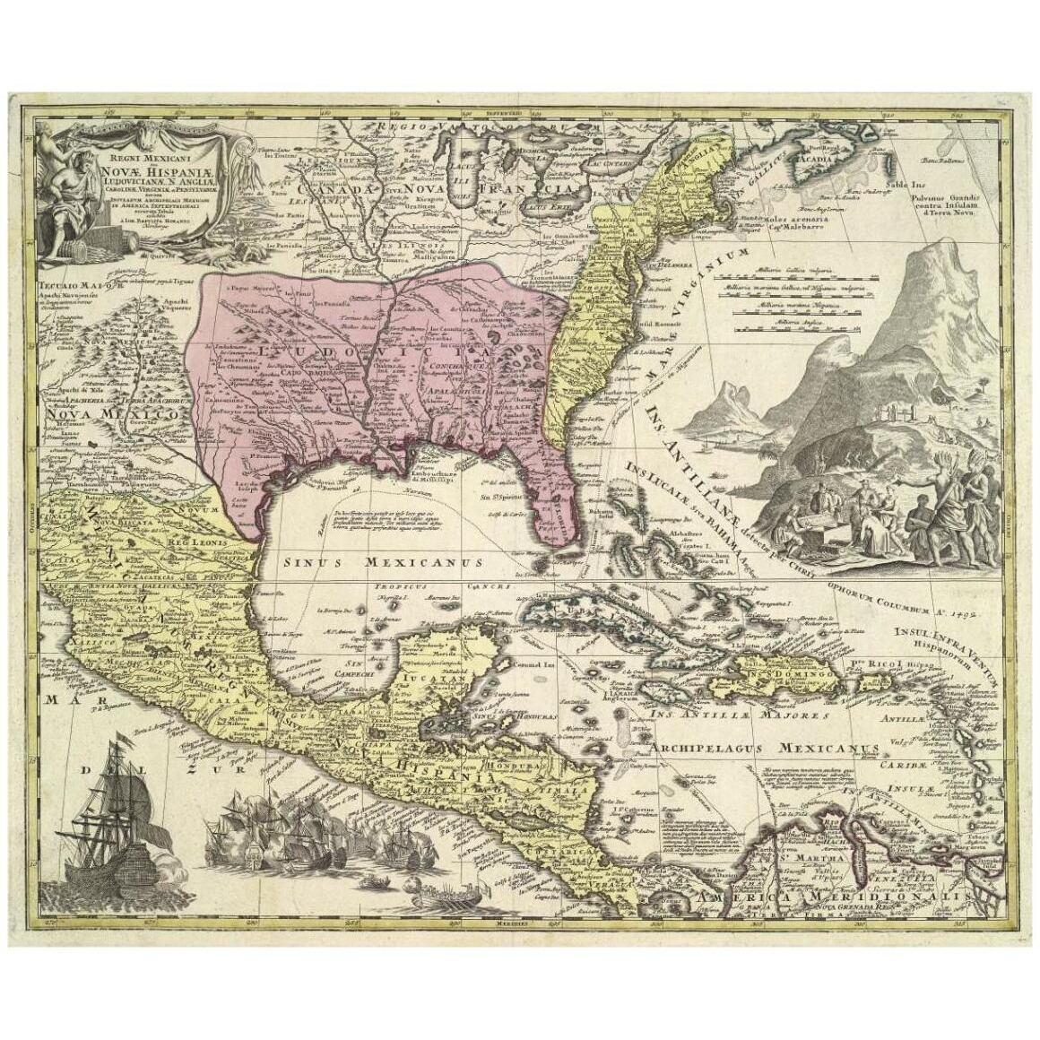 North America to Mexico and south to Panama and Venezuela, 1730. -Paper Art-42&quotx35.6"