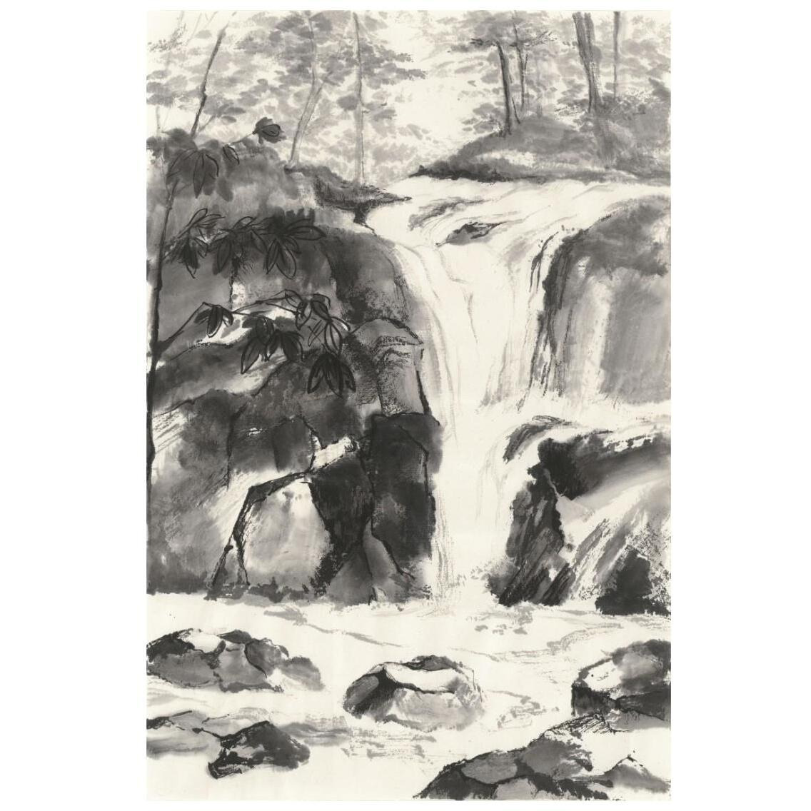 Sumi Waterfall IV -Paper Art-18&quotx26"