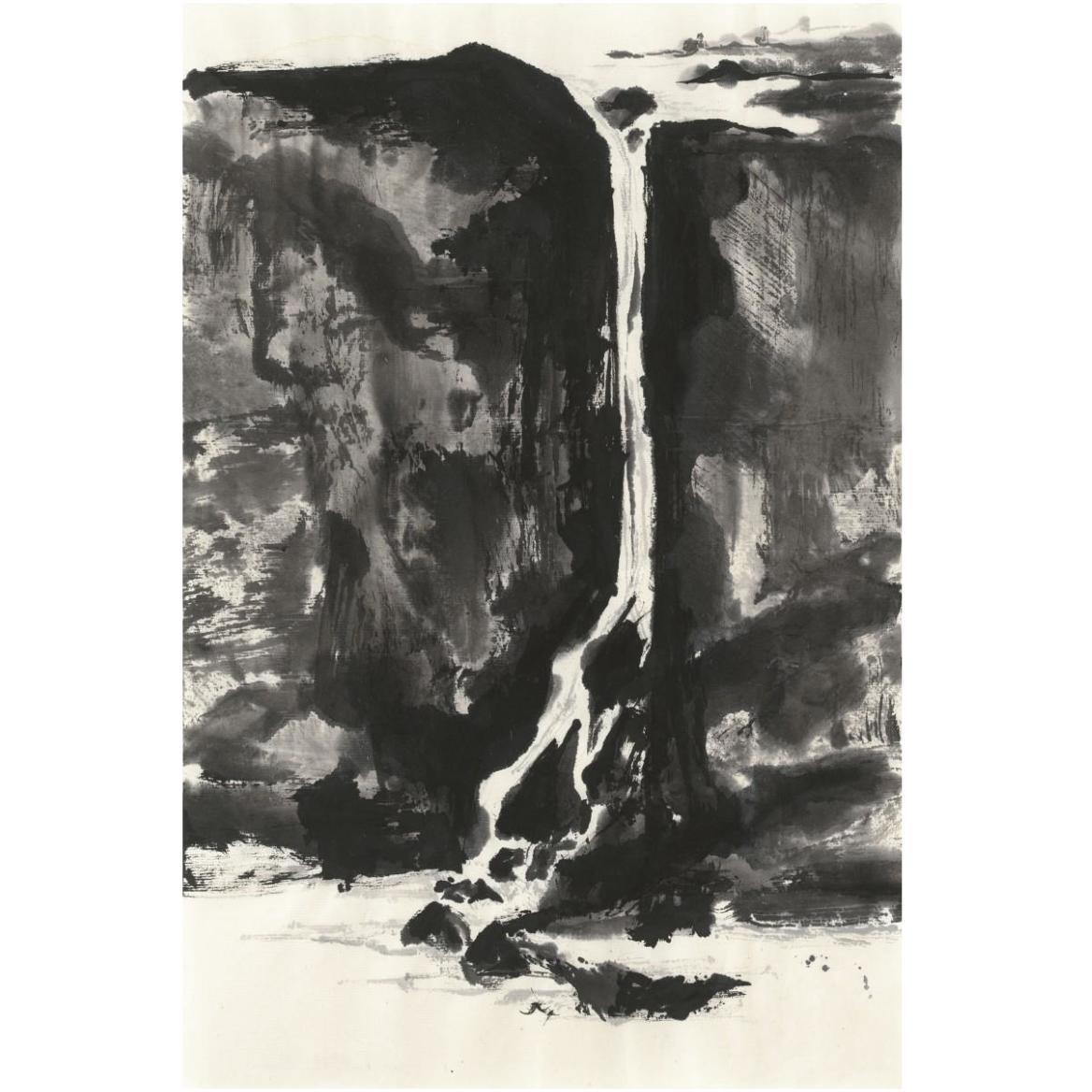 Sumi Waterfall View II Panel -Paper Art-42&quotx62"