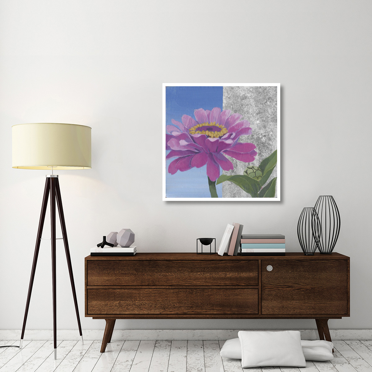 Zinnia Pink and Silver -Paper Art-38&quotx38"