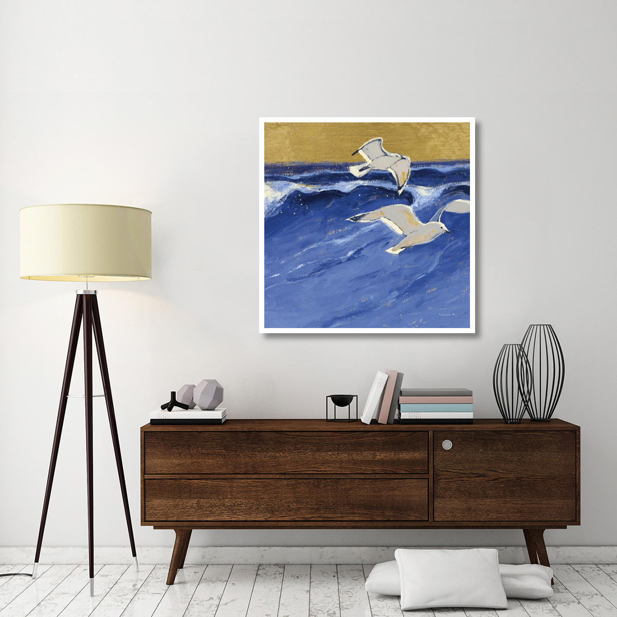 Seagulls with Gold Sky III -Paper Art-42&quotx42"