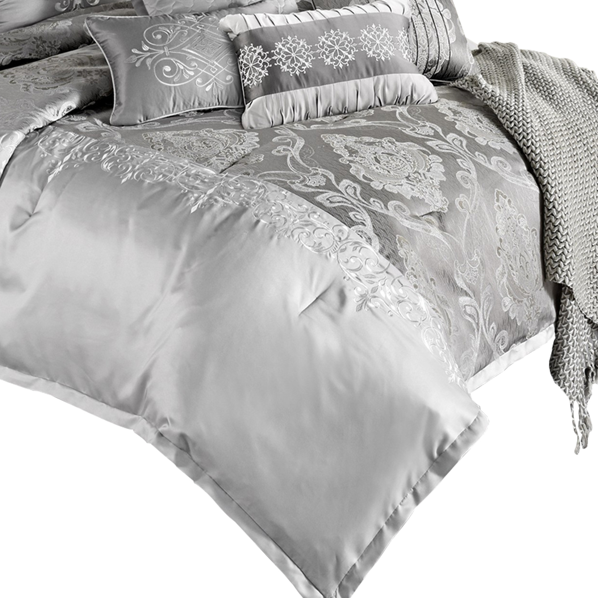 12 Piece King Polyester Comforter Set with Medallion Print, Platinum Gray