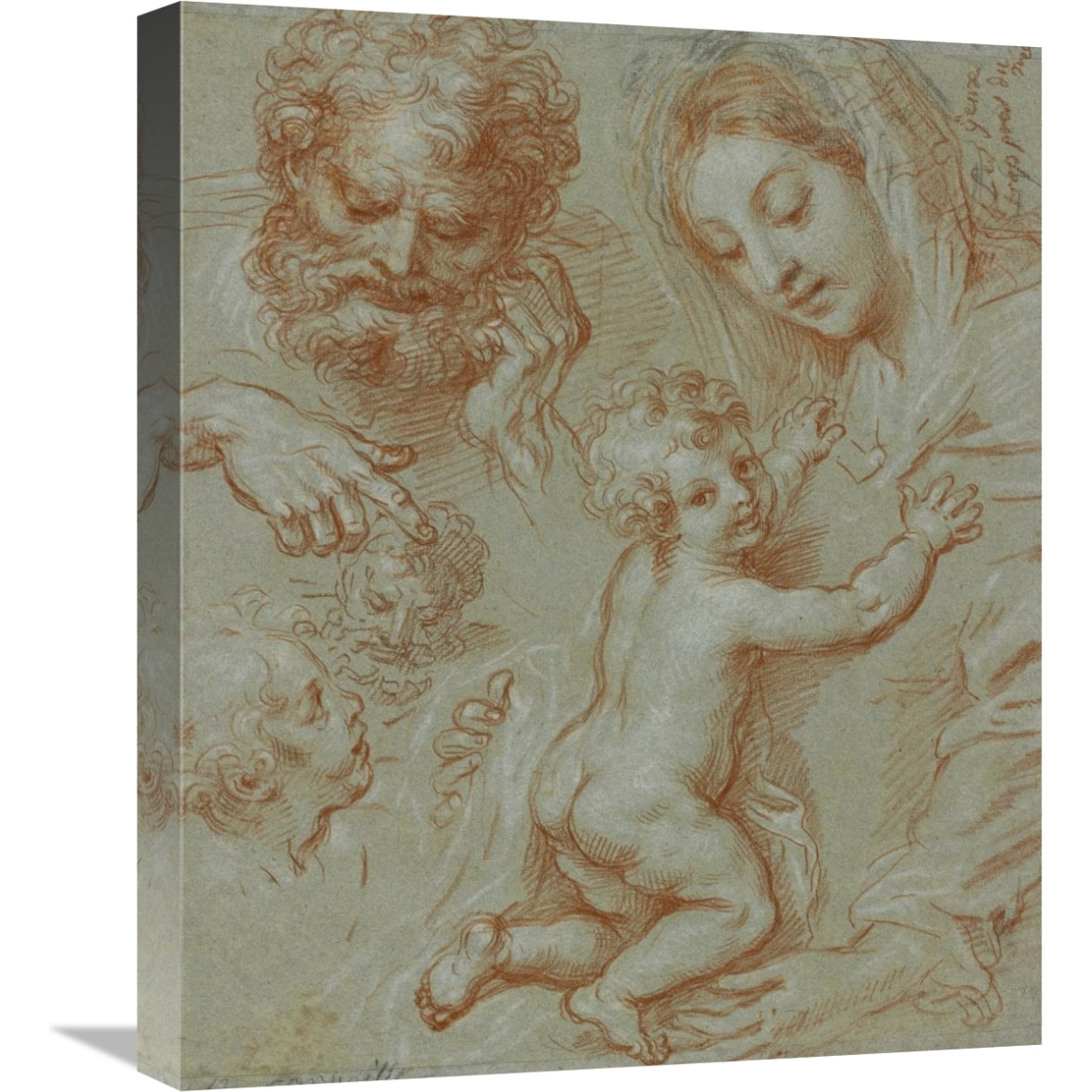 Studies of the Madonna and Child and of Heads (recto) Madonna and Child with Saint John Seated in a Landscape (verso)-Canvas Art-18.26&quotx22"