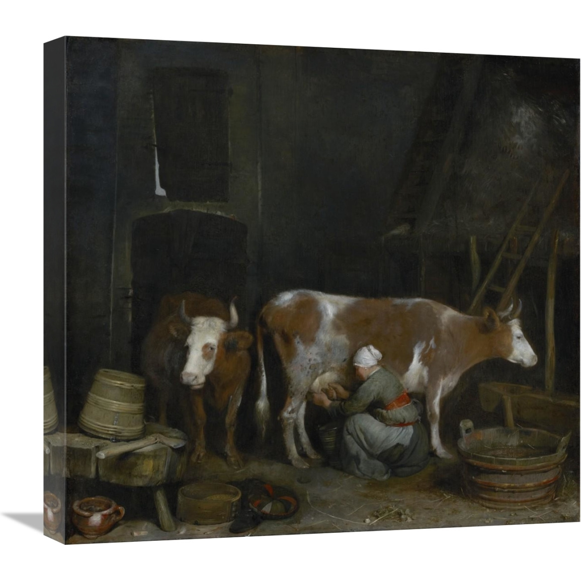 A Maid Milking a Cow in a Barn-Canvas Art-22&quotx20.9"