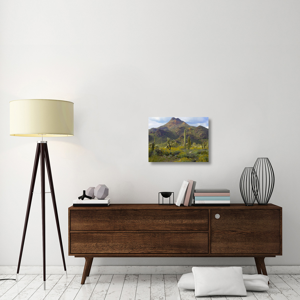 Saguaro and Teddybear Cholla amid flowering Lupine and California Brittlebush-Canvas Art-24&quotx18"