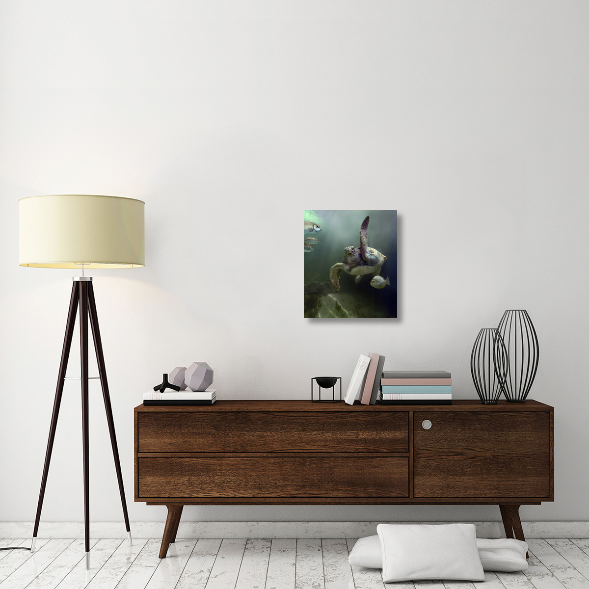 Green Sea Turtle and fish, Sabah, Malaysia-Canvas Art-18.92&quotx22"