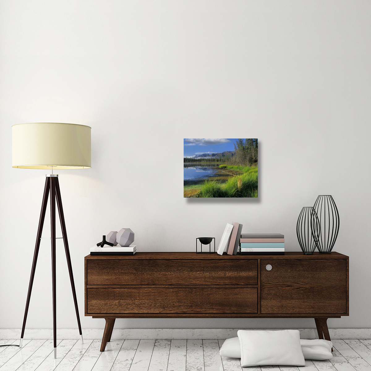 Nutzotin Mountains and boreal forest reflected in receding lake, Alaska-Canvas Art-24&quotx20"