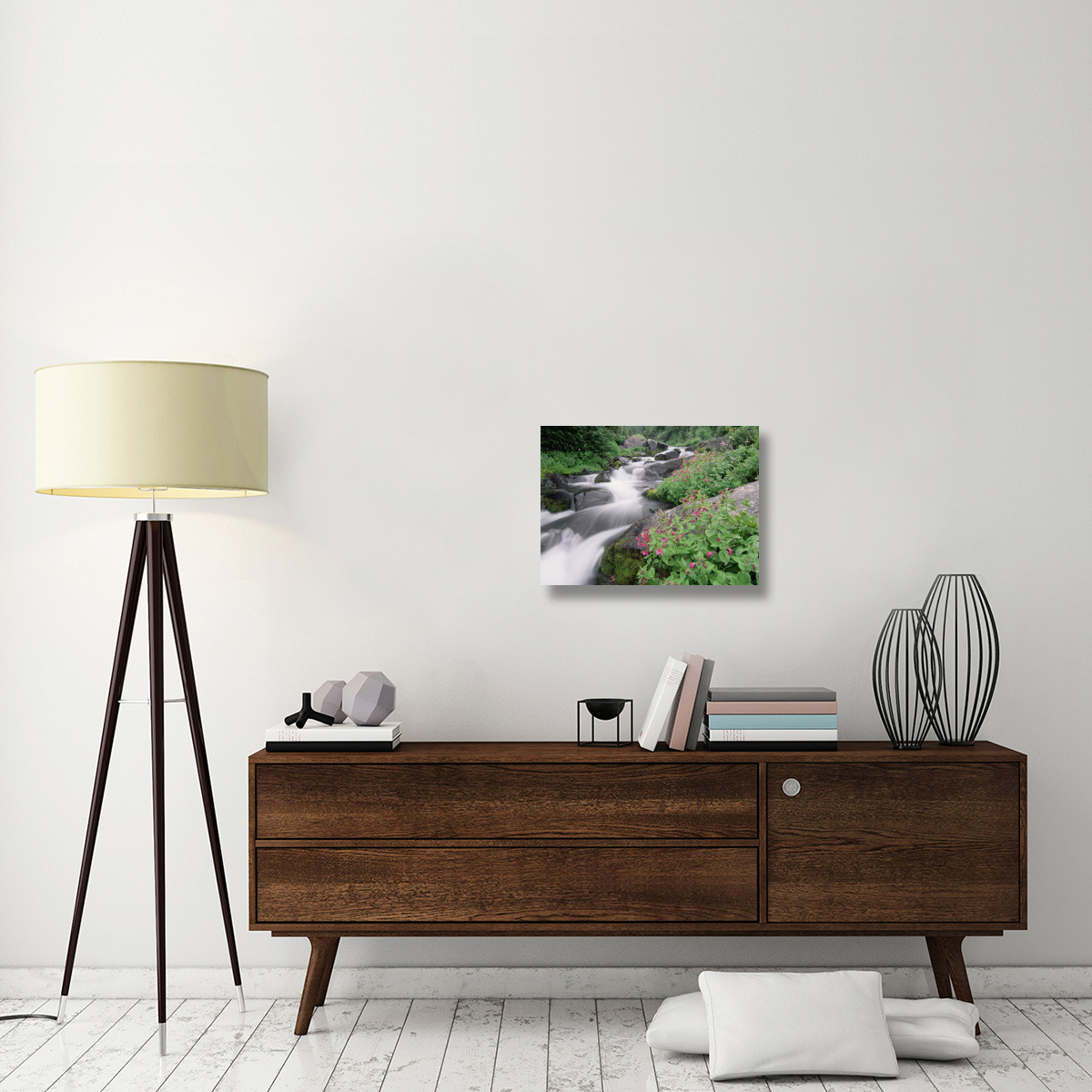 Paradise River surrounded by spring flowers, Mt Rainier National Park, Washington-Canvas Art-24&quotx18"