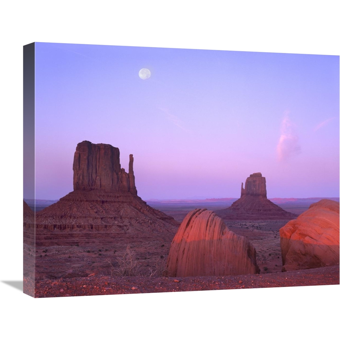 East and West Mittens, buttes at sunrise with full moon, Monument Valley, Arizona-Canvas Art-24&quotx20"