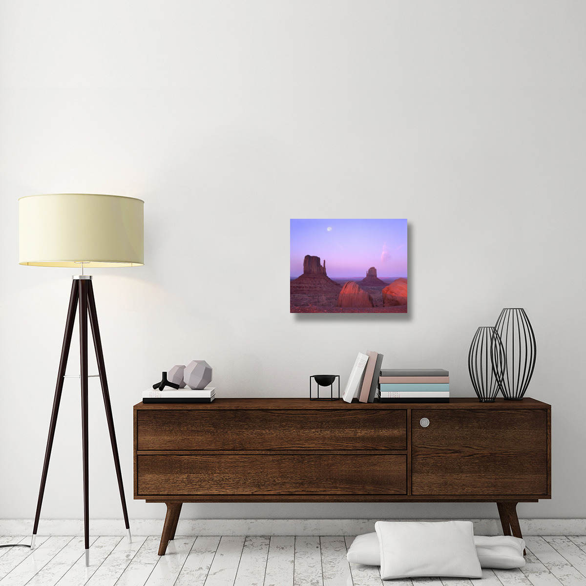 East and West Mittens, buttes at sunrise with full moon, Monument Valley, Arizona-Canvas Art-24&quotx20"