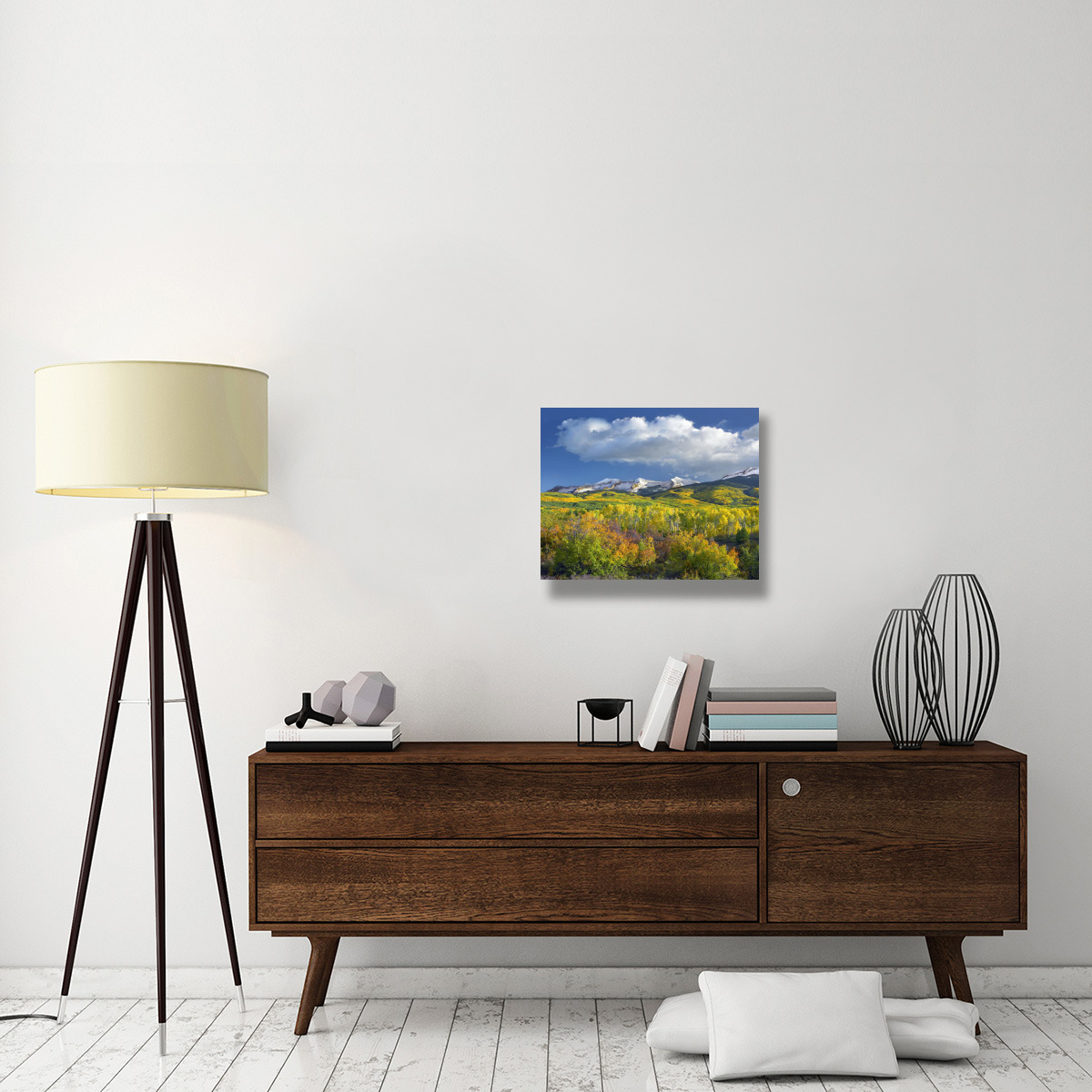 East Beckwith Mountain flanked by fall colored Aspen forests under cumulus clouds, Colorado-Canvas Art-24&quotx20"