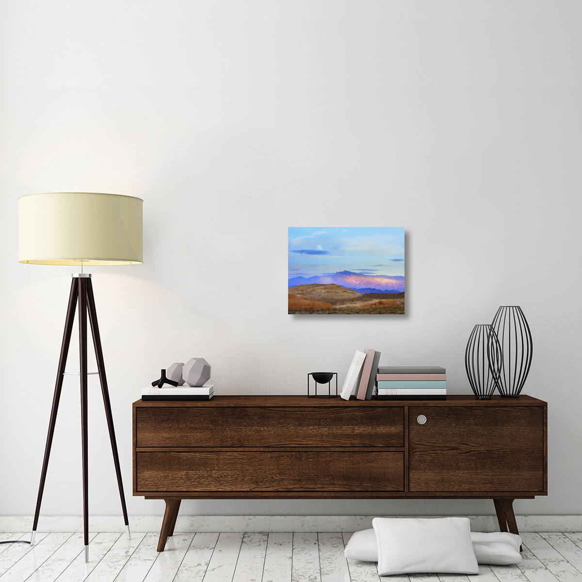 Sunset lighting up mountains under a full moon in Valley of Fire State Park, Mojave Desert, Nevada-Canvas Art-24&quotx18"