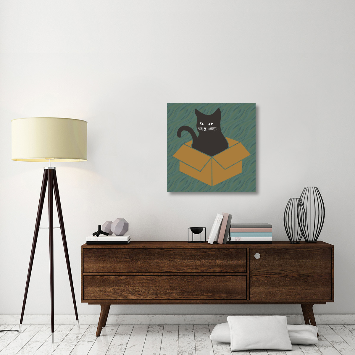 Cat in a Box - Blue-Green-Canvas Art-30&quotx30"