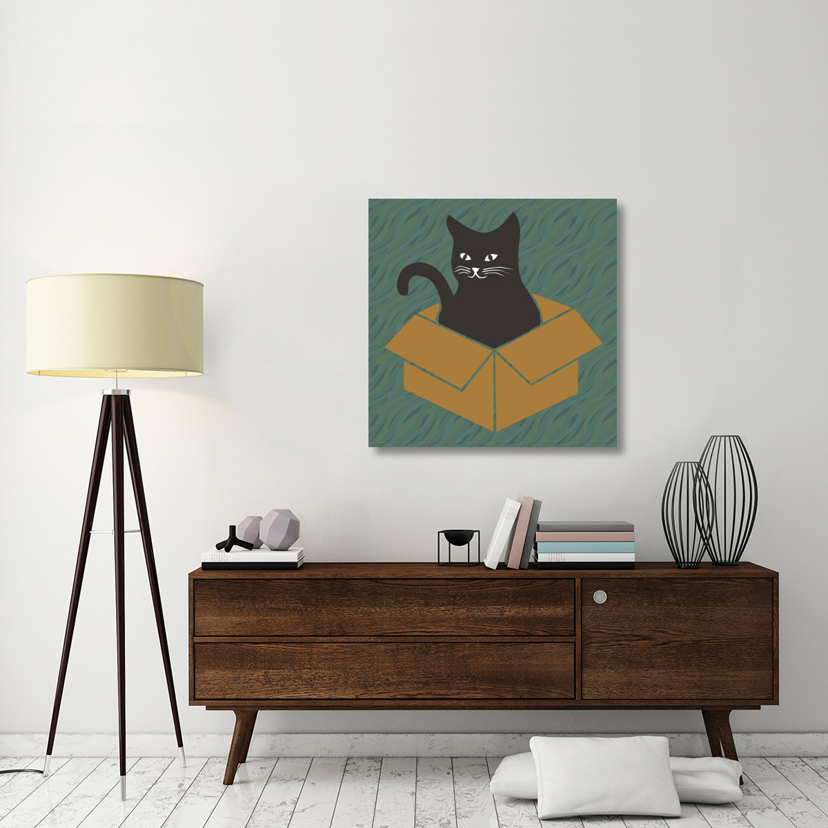 Cat in a Box - Blue-Green-Canvas Art-36&quotx36"